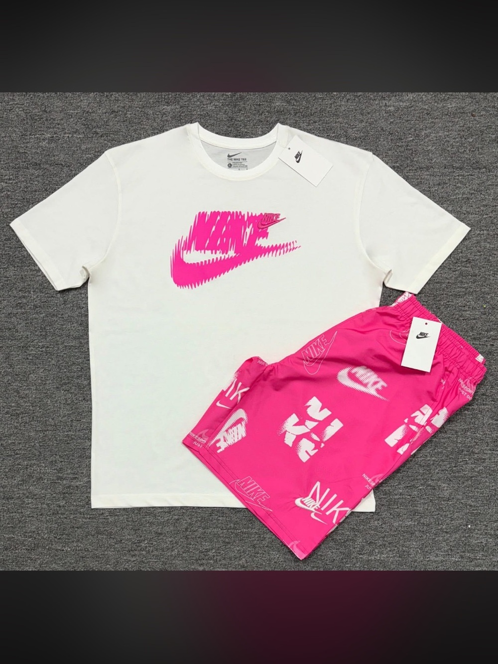 Nike White Tee with Hot Pink Logo & Hot Pink Logo Shorts Kids Pajama Set